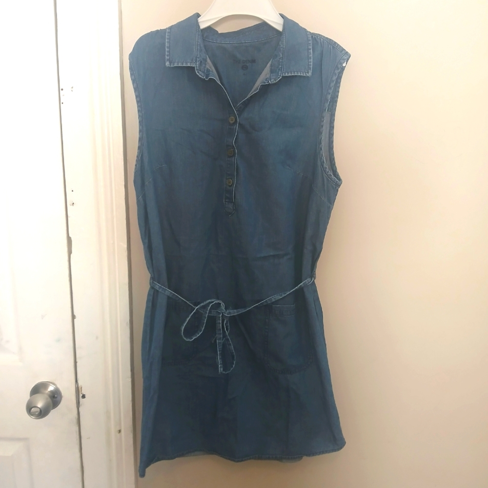 The Demin Dress Cotton/ Linen Blend With Tie Belt